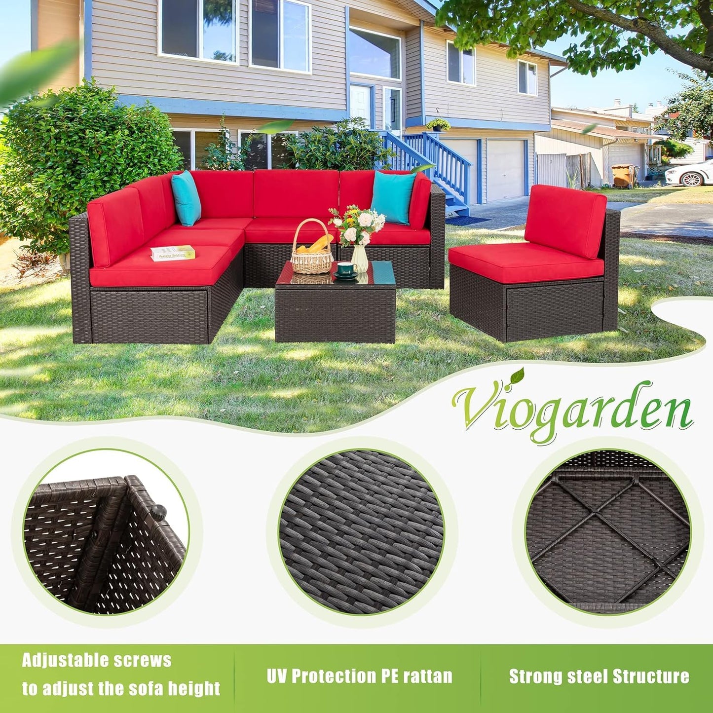 Vongrasig 5 Piece Patio Furniture Sets, Outdoor Patio Set Sectional Sofa, All-Weather PE Rattan Outdoor Couch with Ottoman, Glass Table for Garden, Backyard, Porch, Beige