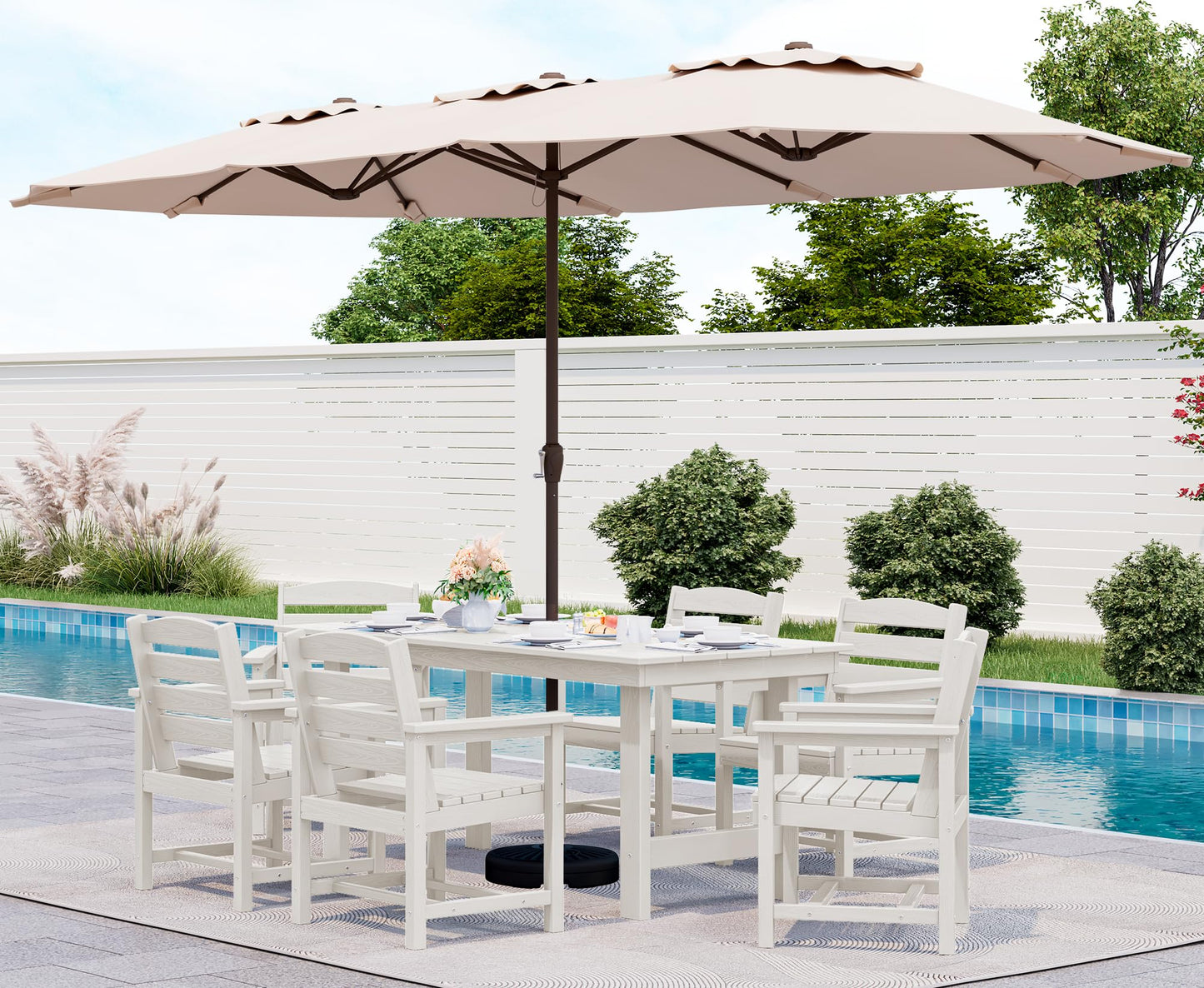 SERWALL Outdoor HDPE Dining Table Set, 7-Piece Outdoor Dining Table Sets with Umbrella Hole Cut-Out Table and 6 Chairs, Gray