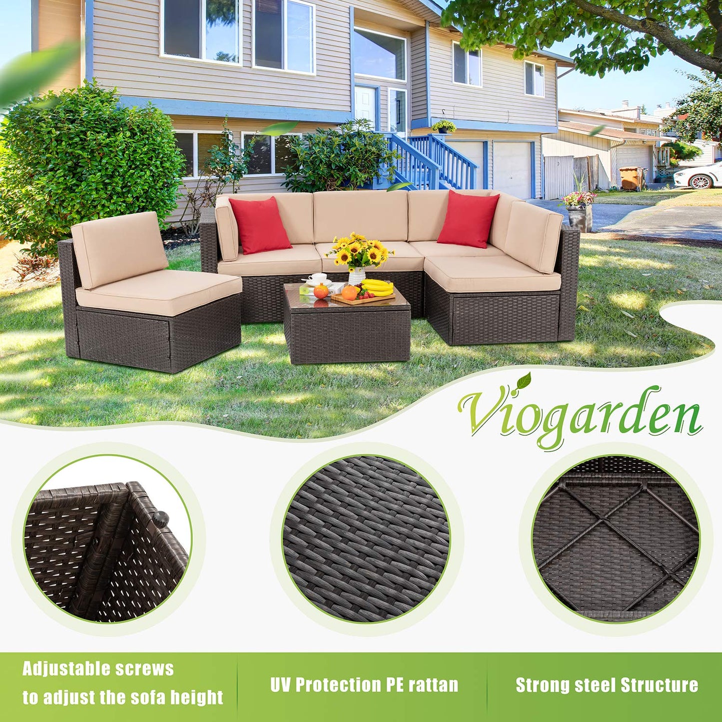 Vongrasig 5 Piece Patio Furniture Sets, Outdoor Patio Set Sectional Sofa, All-Weather PE Rattan Outdoor Couch with Ottoman, Glass Table for Garden, Backyard, Porch, Beige
