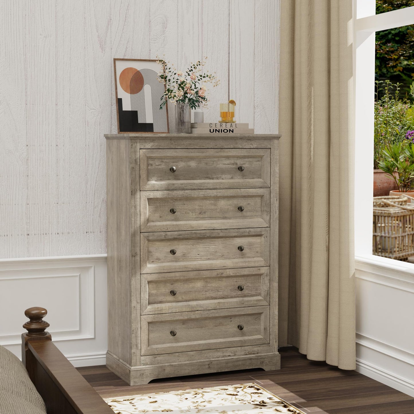 Farmhouse Bedroom Sets of 4, 4Pcs Farmhouse Dresser Set，Including 9 Drawer Dresser, 5 Drawer Dressers and Nightstand Set of 2 with Charging Station (Grey Sets, 4 Pieces)