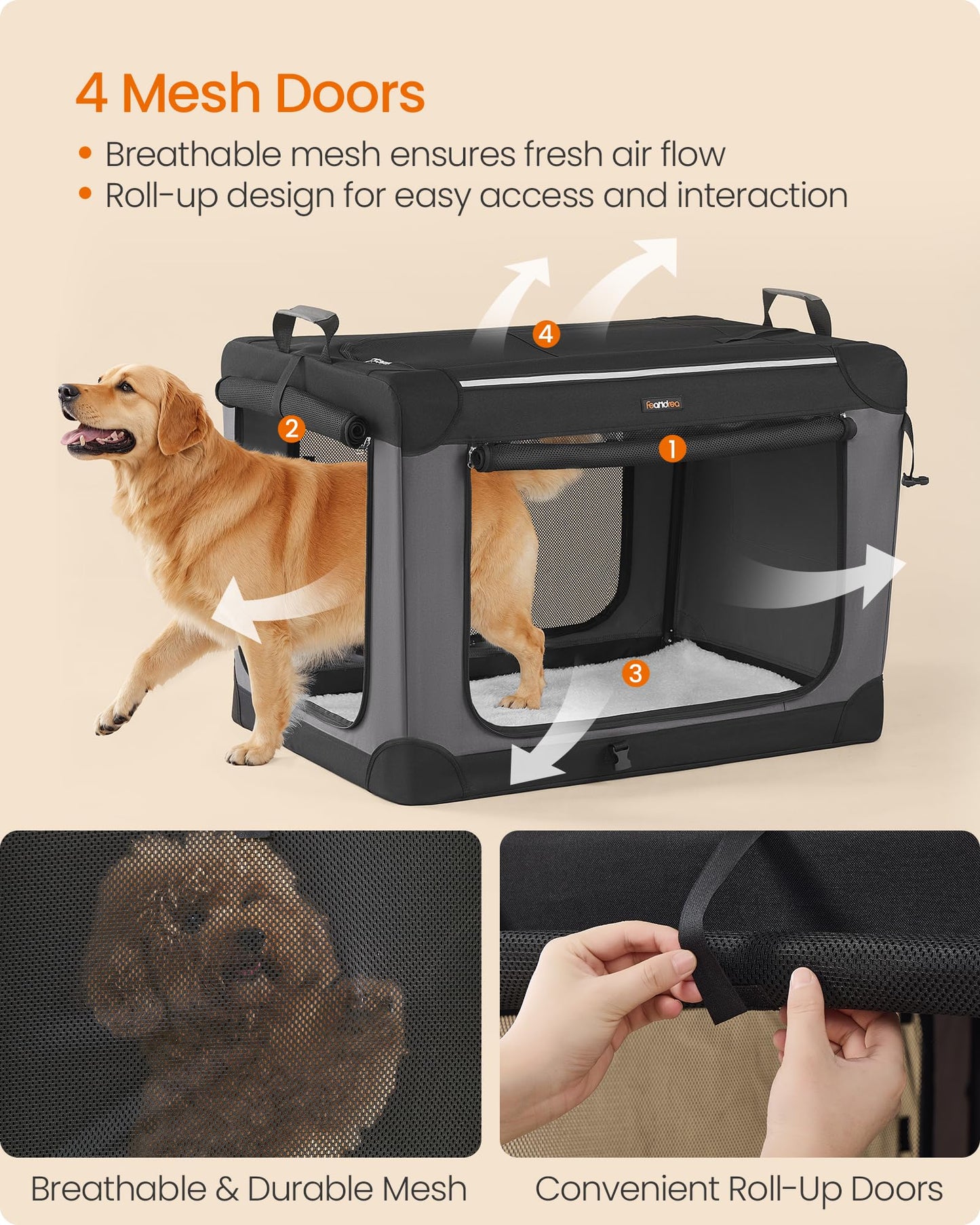 Feandrea Collapsible Dog Crate, 42-Inch Portable Dog Travel Crate for Large Dogs, Oxford Fabric Pet Carrier with 4 Mesh Doors, Handles, Storage Pocket, Water Bottle Holder, Ink Black UPDC021B01