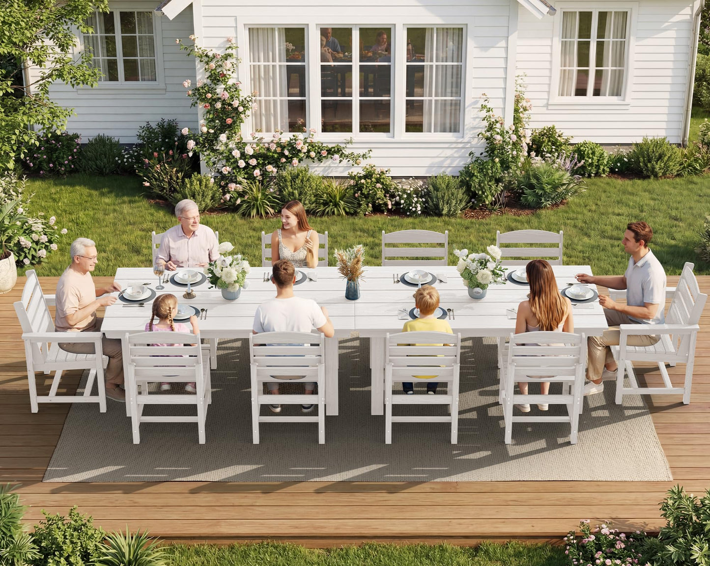 SERWALL Outdoor HDPE Dining Table Set, 7-Piece Outdoor Dining Table Sets with Umbrella Hole Cut-Out Table and 6 Chairs, Gray