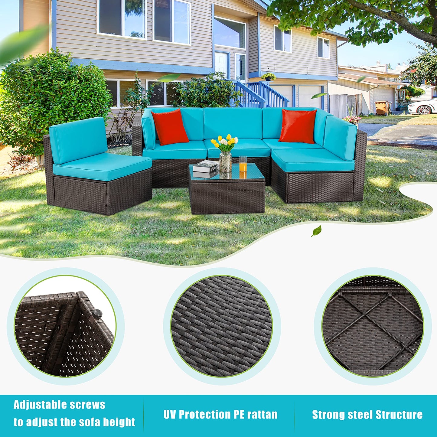 Vongrasig 5 Piece Patio Furniture Sets, Outdoor Patio Set Sectional Sofa, All-Weather PE Rattan Outdoor Couch with Ottoman, Glass Table for Garden, Backyard, Porch, Beige