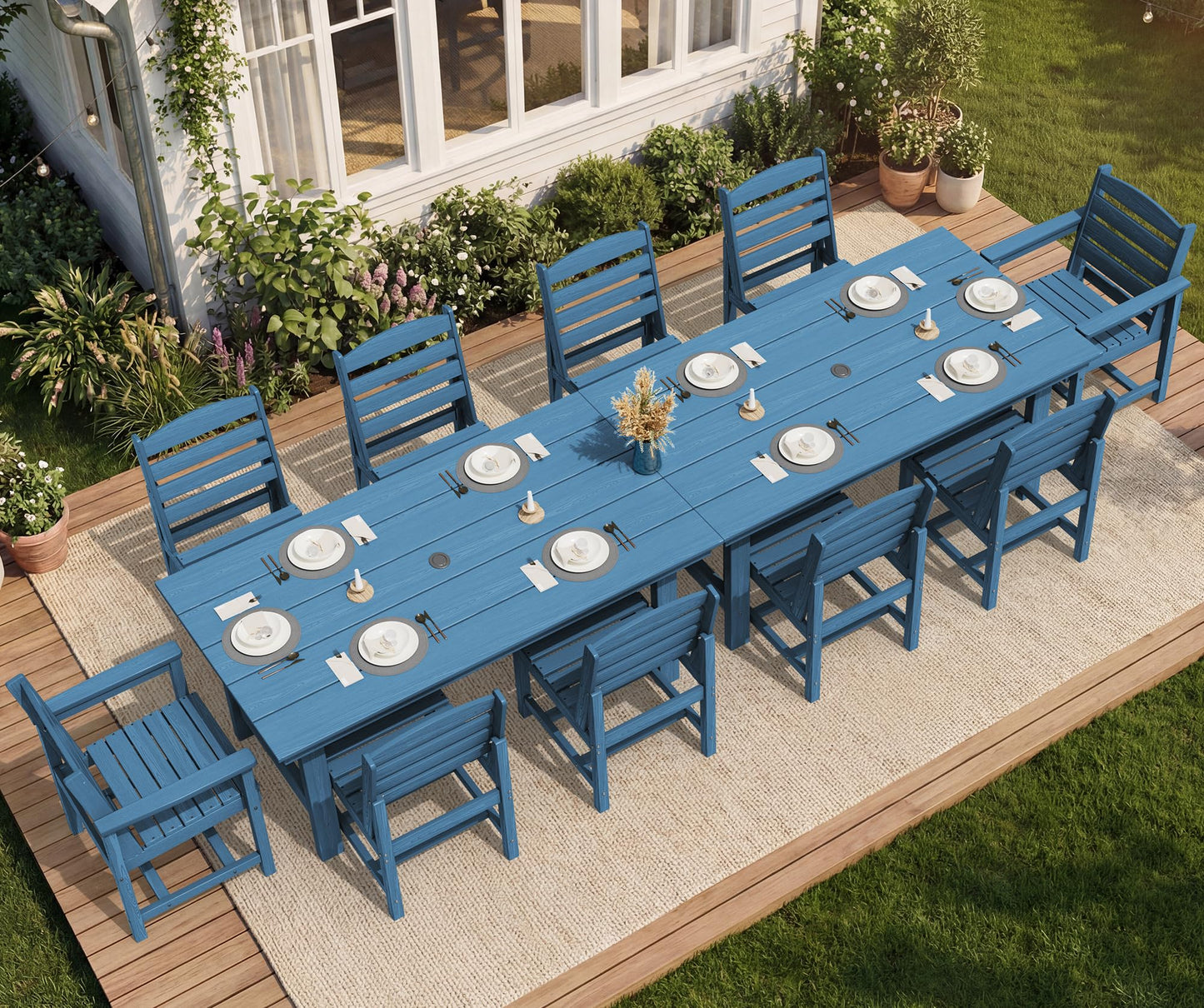 SERWALL Outdoor HDPE Dining Table Set, 7-Piece Outdoor Dining Table Sets with Umbrella Hole Cut-Out Table and 6 Chairs, Gray
