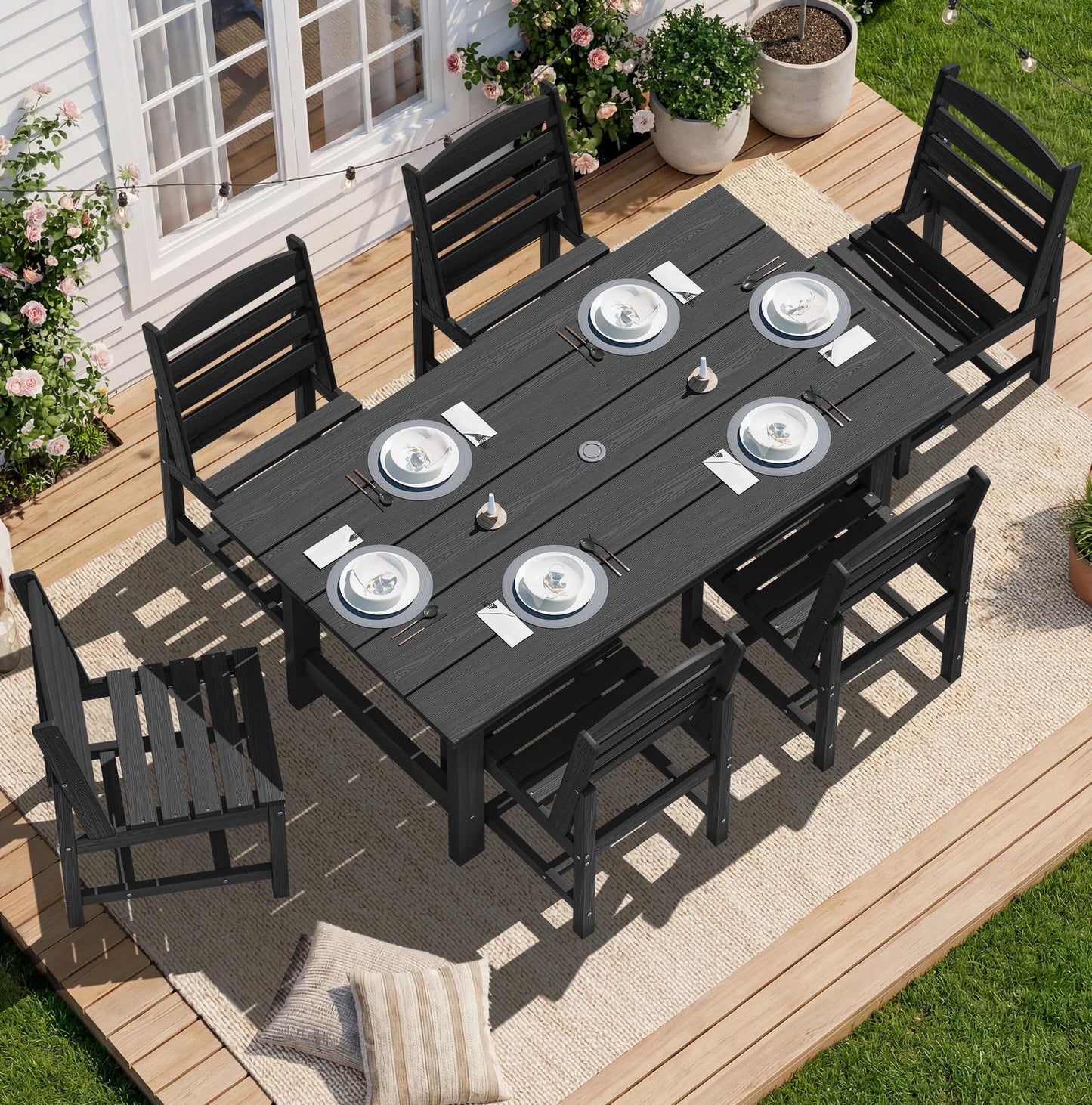 SERWALL Outdoor HDPE Dining Table Set, 7-Piece Outdoor Dining Table Sets with Umbrella Hole Cut-Out Table and 6 Chairs, Gray