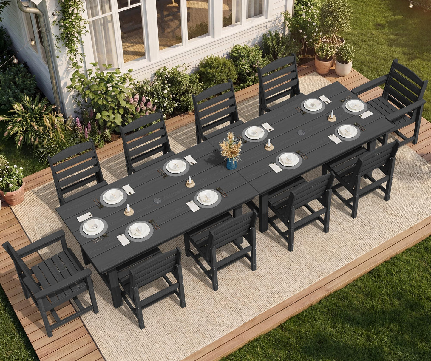SERWALL Outdoor HDPE Dining Table Set, 7-Piece Outdoor Dining Table Sets with Umbrella Hole Cut-Out Table and 6 Chairs, Gray