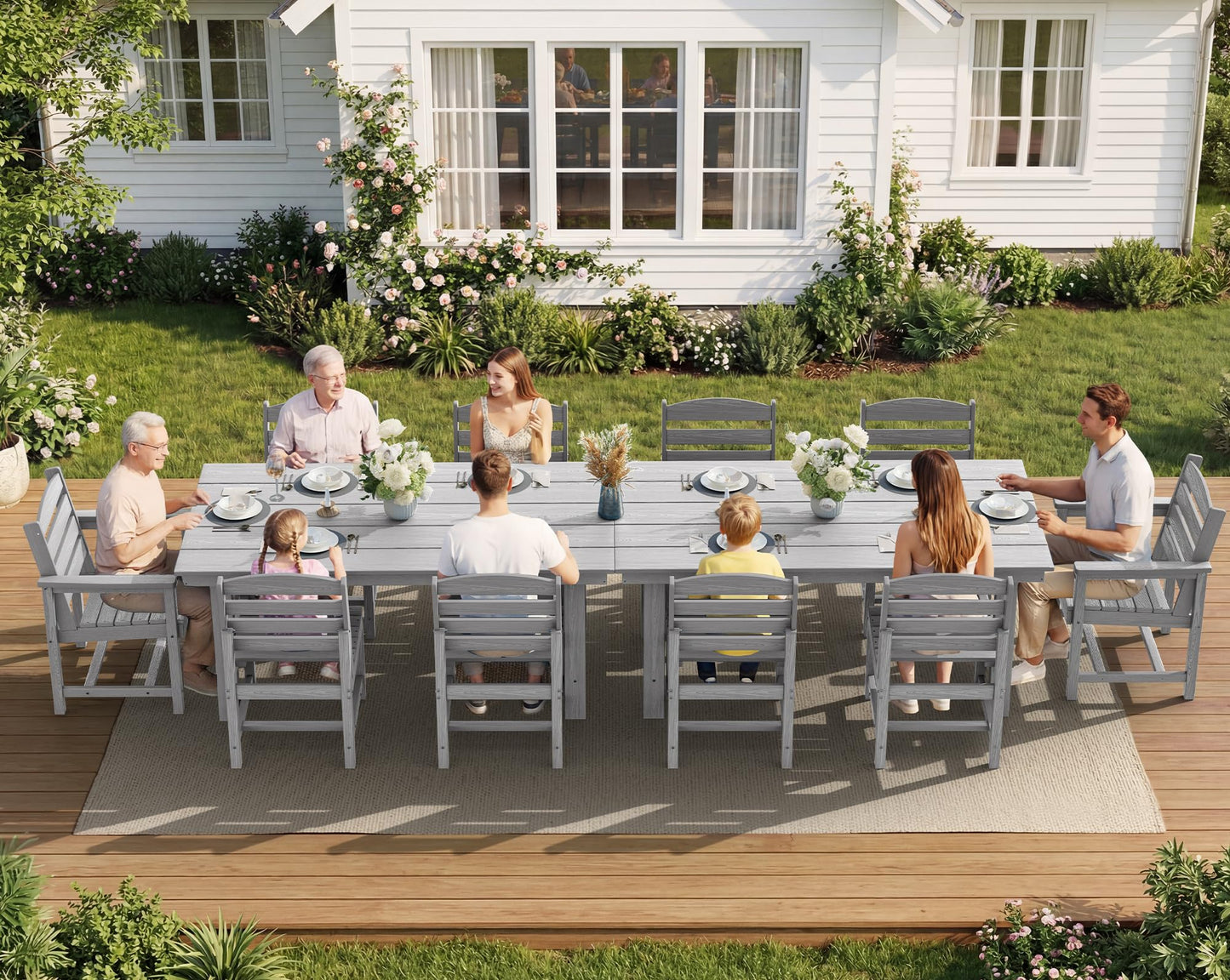 SERWALL Outdoor HDPE Dining Table Set, 7-Piece Outdoor Dining Table Sets with Umbrella Hole Cut-Out Table and 6 Chairs, Gray