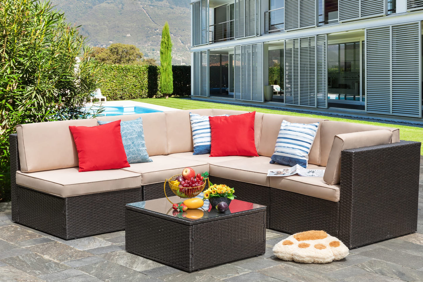 Vongrasig 5 Piece Patio Furniture Sets, Outdoor Patio Set Sectional Sofa, All-Weather PE Rattan Outdoor Couch with Ottoman, Glass Table for Garden, Backyard, Porch, Beige
