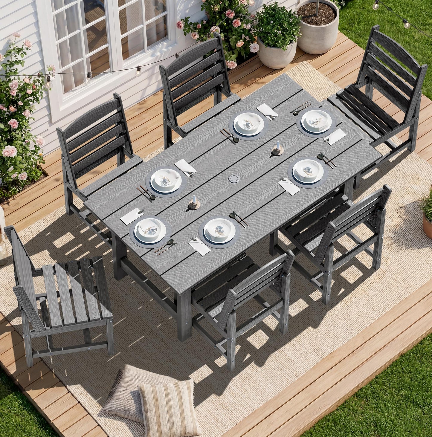 SERWALL Outdoor HDPE Dining Table Set, 7-Piece Outdoor Dining Table Sets with Umbrella Hole Cut-Out Table and 6 Chairs, Gray