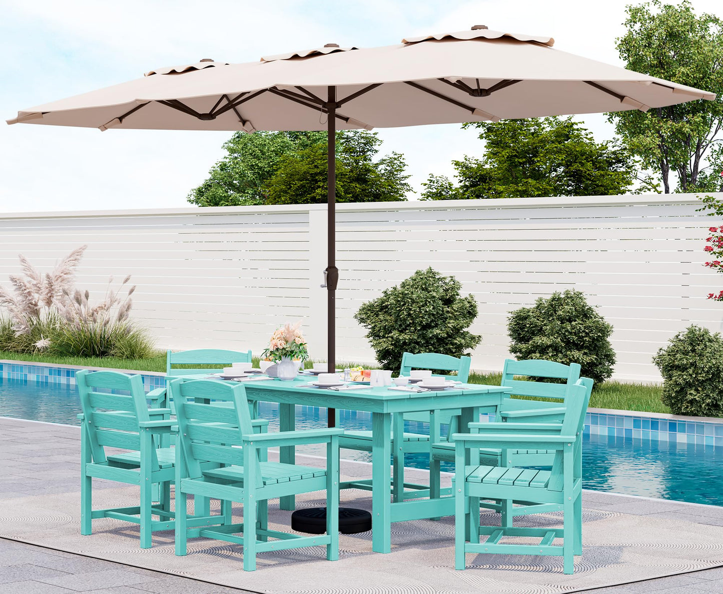 SERWALL Outdoor HDPE Dining Table Set, 7-Piece Outdoor Dining Table Sets with Umbrella Hole Cut-Out Table and 6 Chairs, Gray