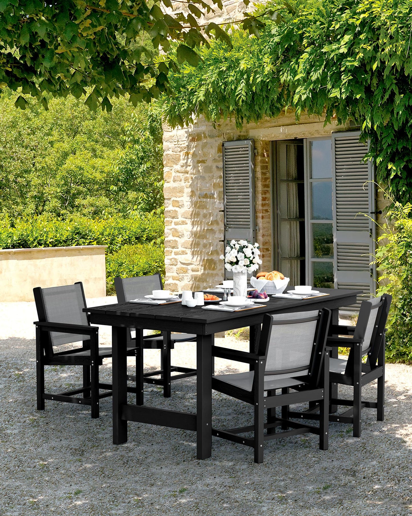 SERWALL Outdoor HDPE Dining Table Set, 7-Piece Outdoor Dining Table Sets with Umbrella Hole Cut-Out Table and 6 Chairs, Gray