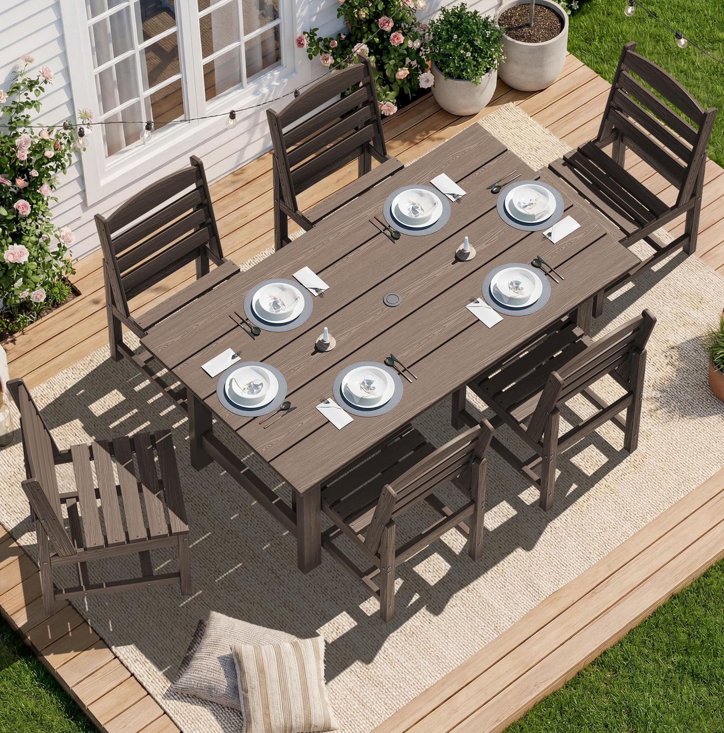 SERWALL Outdoor HDPE Dining Table Set, 7-Piece Outdoor Dining Table Sets with Umbrella Hole Cut-Out Table and 6 Chairs, Gray