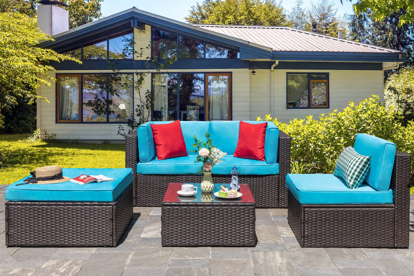 Vongrasig 5 Piece Patio Furniture Sets, Outdoor Patio Set Sectional Sofa, All-Weather PE Rattan Outdoor Couch with Ottoman, Glass Table for Garden, Backyard, Porch, Beige
