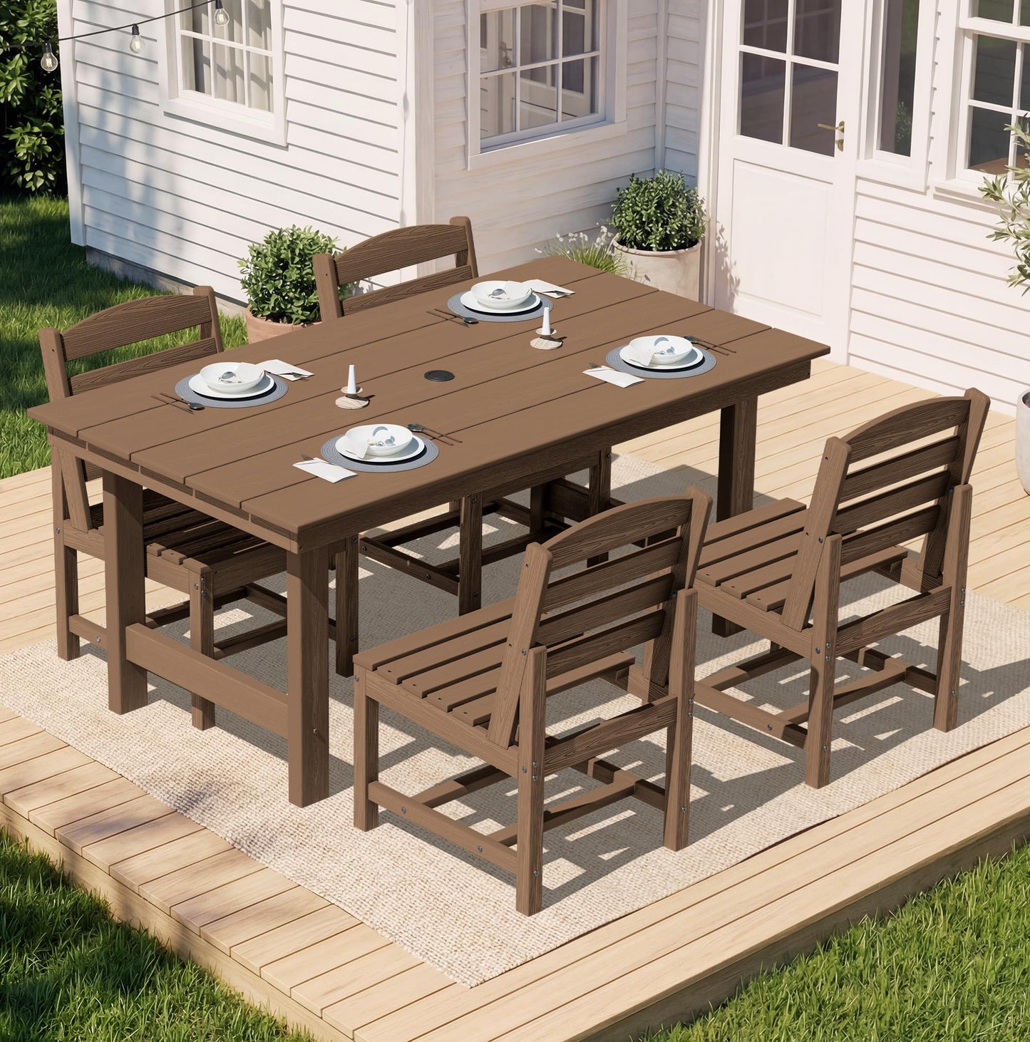 SERWALL Outdoor HDPE Dining Table Set, 7-Piece Outdoor Dining Table Sets with Umbrella Hole Cut-Out Table and 6 Chairs, Gray