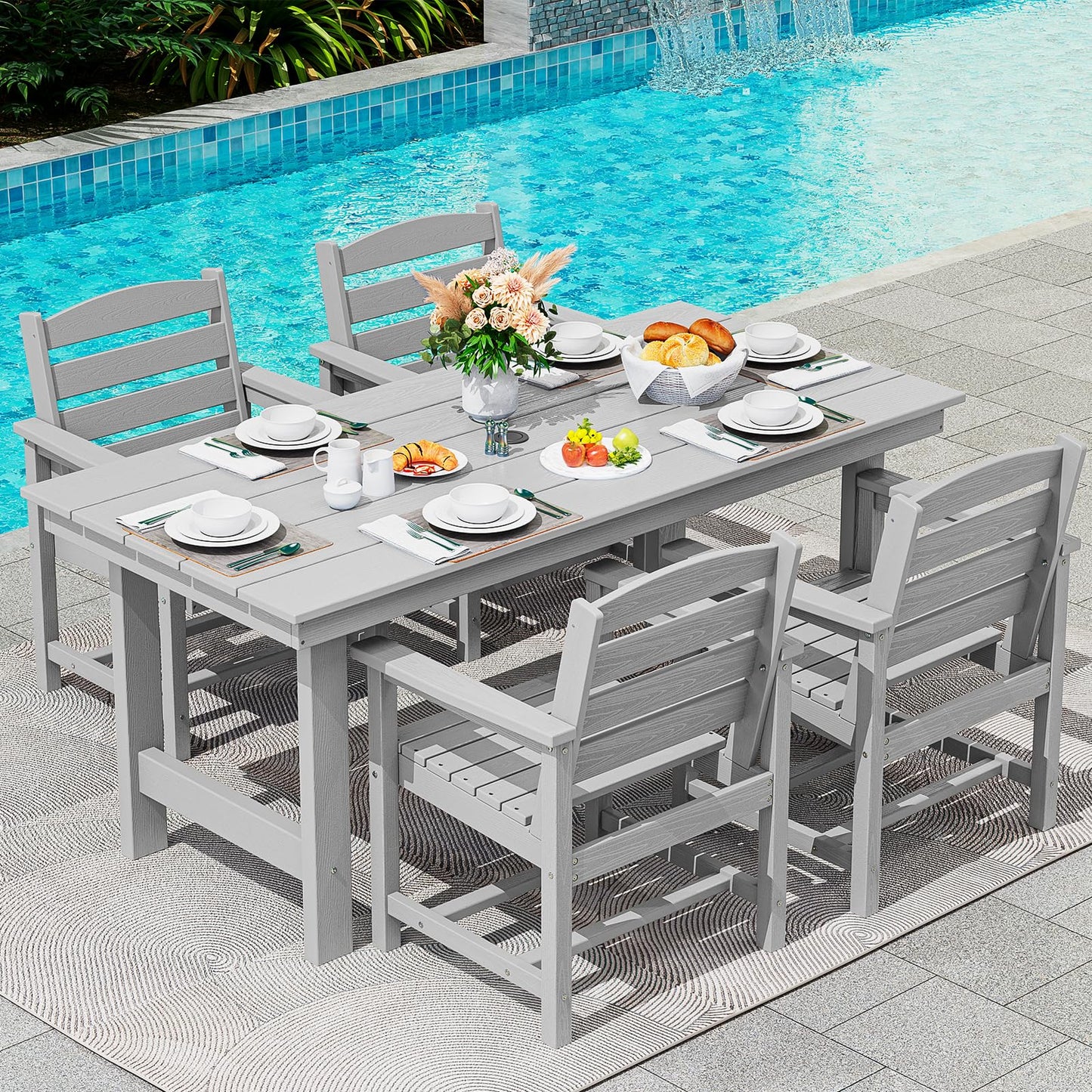 SERWALL Outdoor HDPE Dining Table Set, 7-Piece Outdoor Dining Table Sets with Umbrella Hole Cut-Out Table and 6 Chairs, Gray