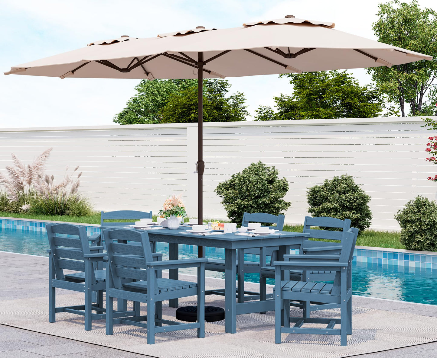SERWALL Outdoor HDPE Dining Table Set, 7-Piece Outdoor Dining Table Sets with Umbrella Hole Cut-Out Table and 6 Chairs, Gray
