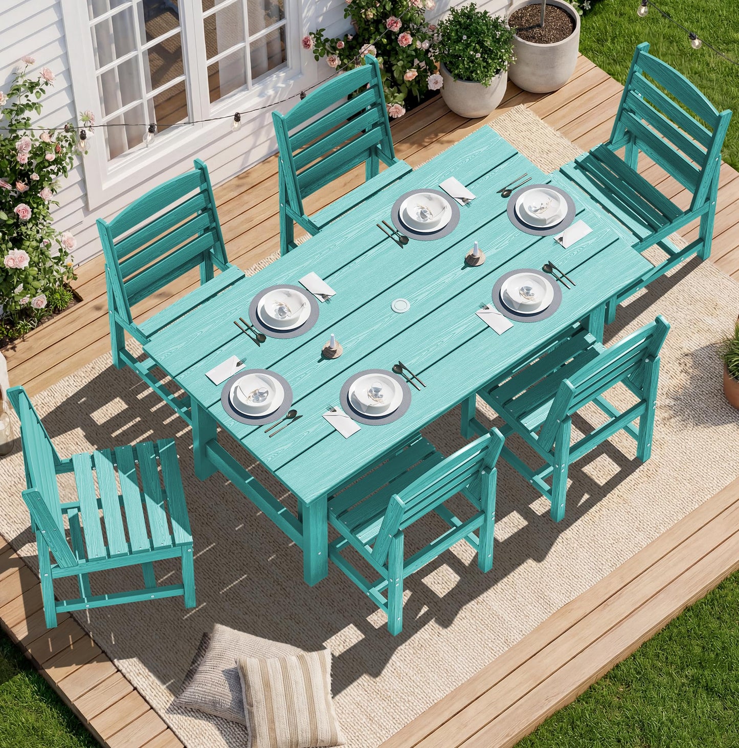 SERWALL Outdoor HDPE Dining Table Set, 7-Piece Outdoor Dining Table Sets with Umbrella Hole Cut-Out Table and 6 Chairs, Gray
