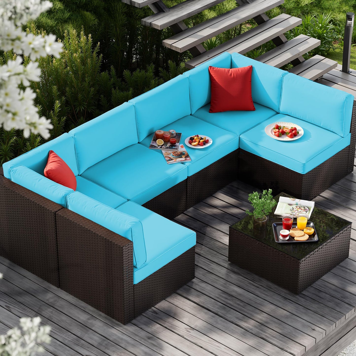 Vongrasig 5 Piece Patio Furniture Sets, Outdoor Patio Set Sectional Sofa, All-Weather PE Rattan Outdoor Couch with Ottoman, Glass Table for Garden, Backyard, Porch, Beige