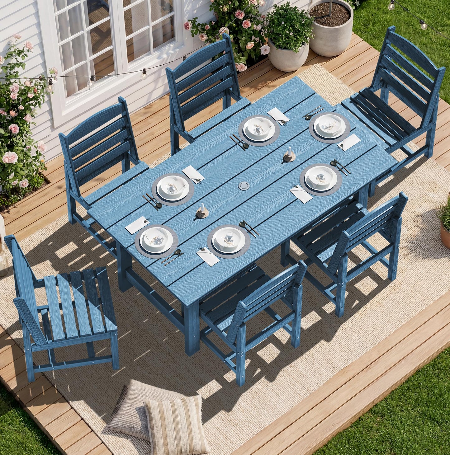 SERWALL Outdoor HDPE Dining Table Set, 7-Piece Outdoor Dining Table Sets with Umbrella Hole Cut-Out Table and 6 Chairs, Gray
