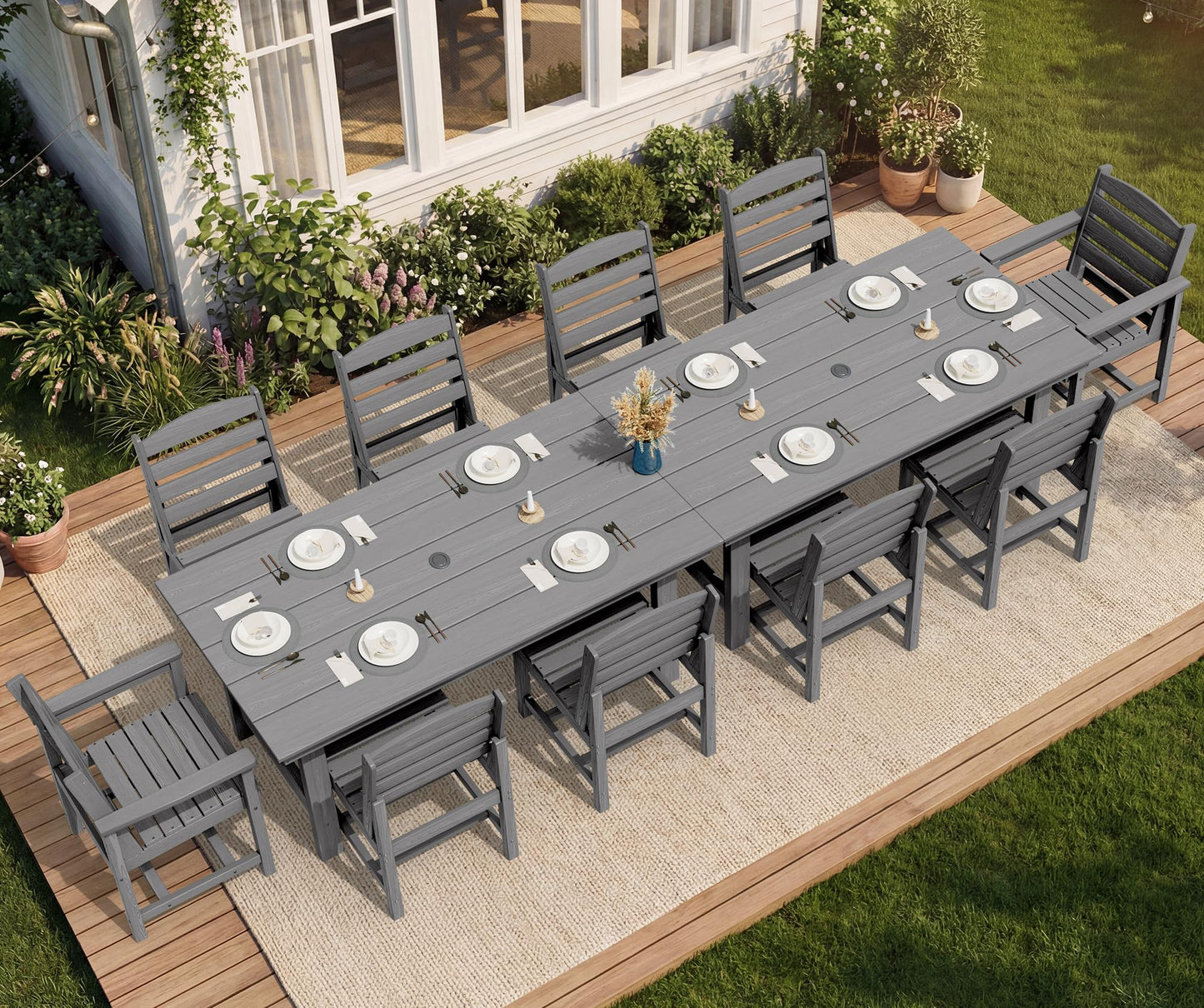 SERWALL Outdoor HDPE Dining Table Set, 7-Piece Outdoor Dining Table Sets with Umbrella Hole Cut-Out Table and 6 Chairs, Gray