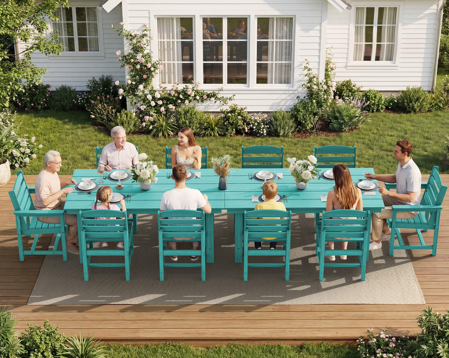 SERWALL Outdoor HDPE Dining Table Set, 7-Piece Outdoor Dining Table Sets with Umbrella Hole Cut-Out Table and 6 Chairs, Gray