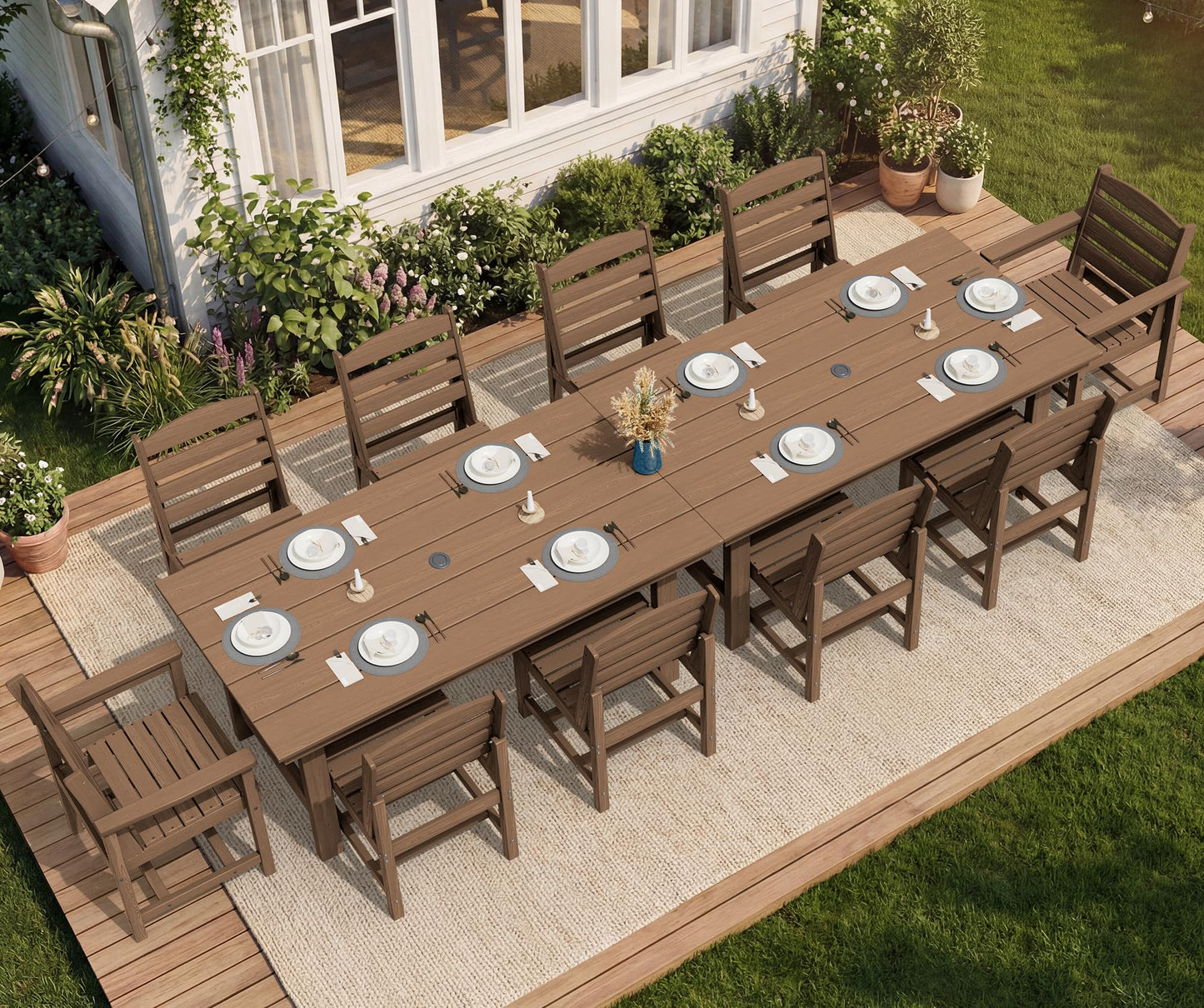 SERWALL Outdoor HDPE Dining Table Set, 7-Piece Outdoor Dining Table Sets with Umbrella Hole Cut-Out Table and 6 Chairs, Gray