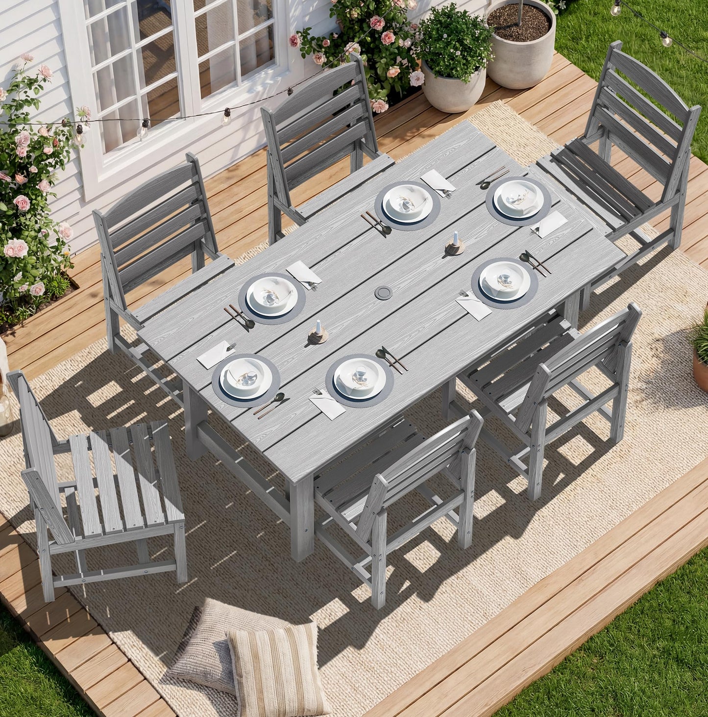 SERWALL Outdoor HDPE Dining Table Set, 7-Piece Outdoor Dining Table Sets with Umbrella Hole Cut-Out Table and 6 Chairs, Gray
