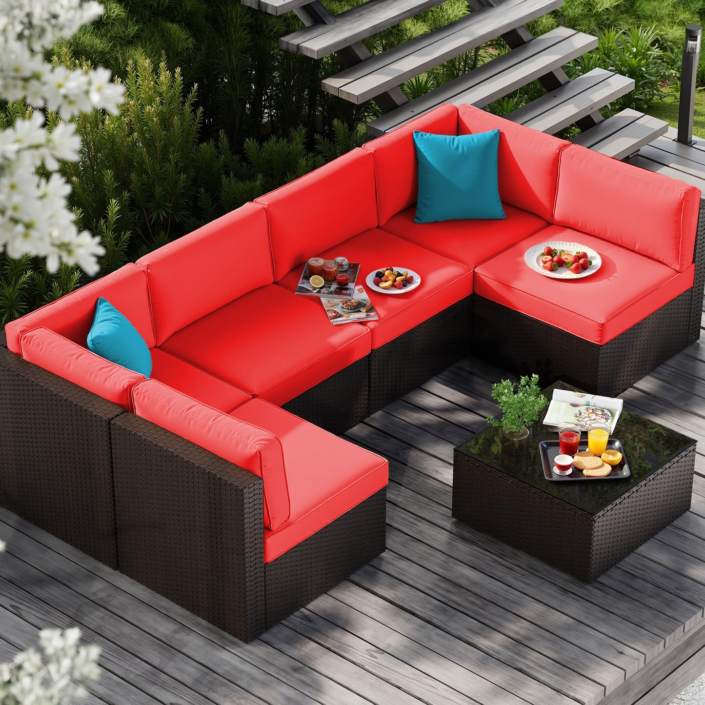Vongrasig 5 Piece Patio Furniture Sets, Outdoor Patio Set Sectional Sofa, All-Weather PE Rattan Outdoor Couch with Ottoman, Glass Table for Garden, Backyard, Porch, Beige