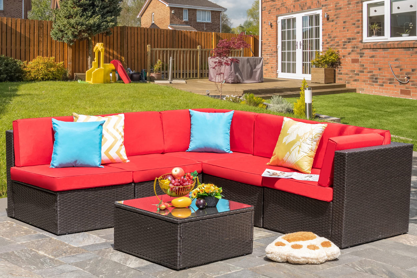 Vongrasig 5 Piece Patio Furniture Sets, Outdoor Patio Set Sectional Sofa, All-Weather PE Rattan Outdoor Couch with Ottoman, Glass Table for Garden, Backyard, Porch, Beige