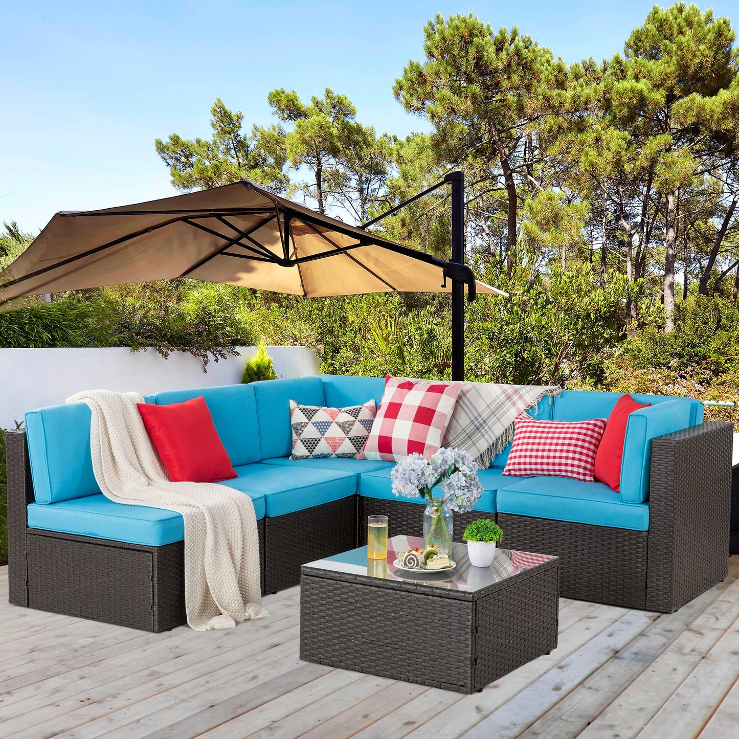 Vongrasig 5 Piece Patio Furniture Sets, Outdoor Patio Set Sectional Sofa, All-Weather PE Rattan Outdoor Couch with Ottoman, Glass Table for Garden, Backyard, Porch, Beige