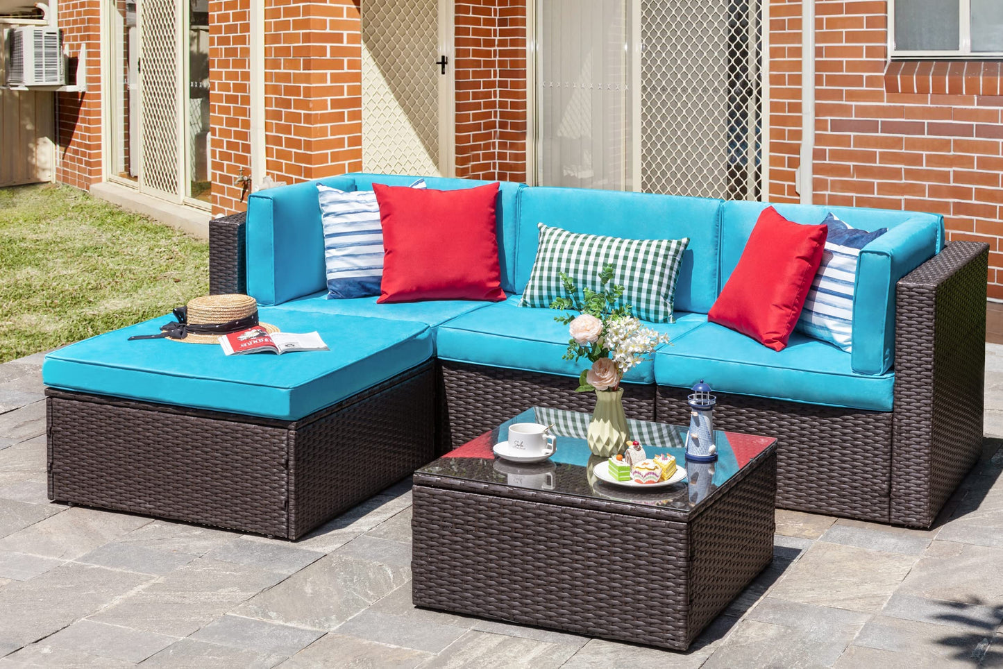 Vongrasig 5 Piece Patio Furniture Sets, Outdoor Patio Set Sectional Sofa, All-Weather PE Rattan Outdoor Couch with Ottoman, Glass Table for Garden, Backyard, Porch, Beige
