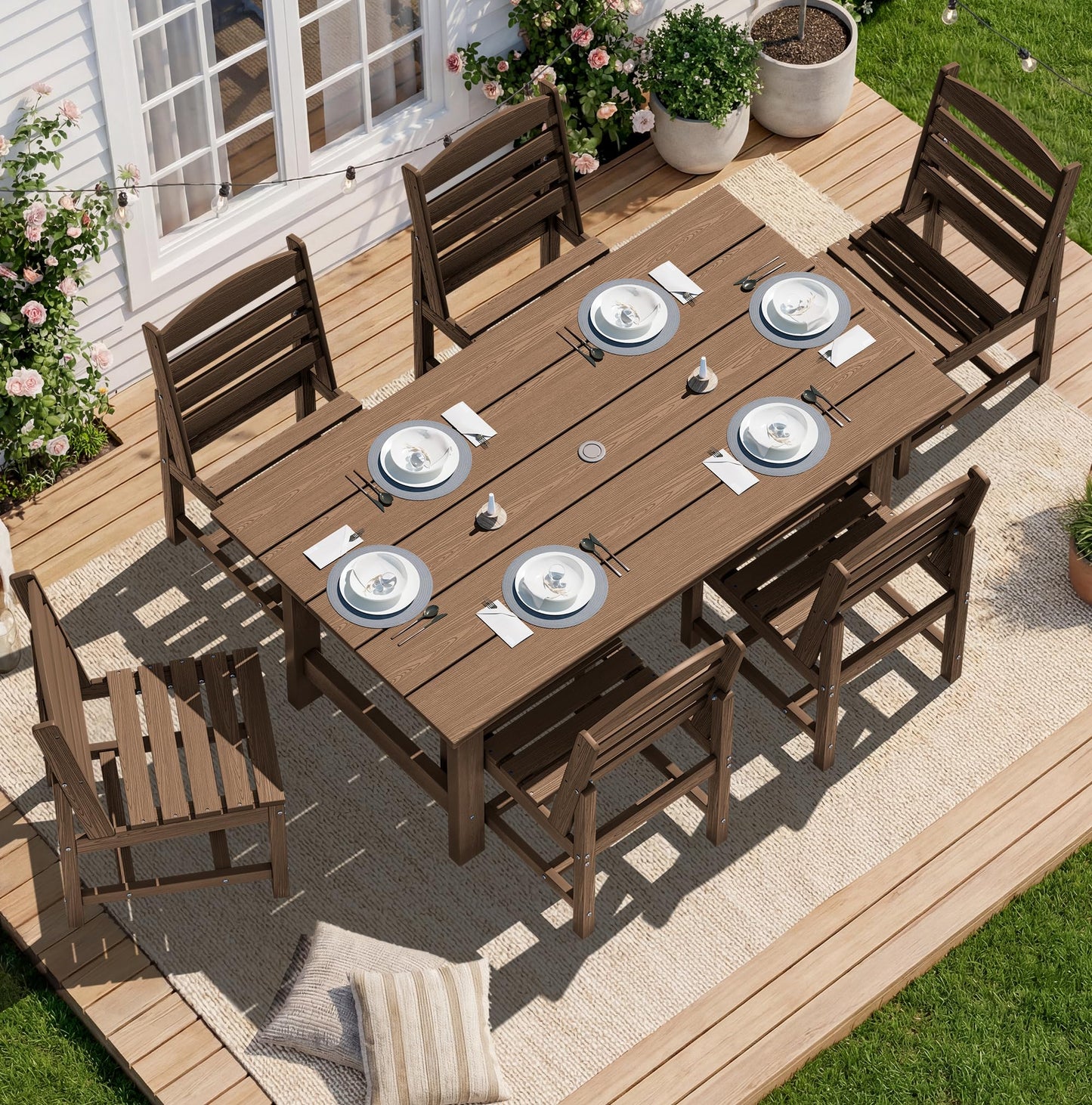 SERWALL Outdoor HDPE Dining Table Set, 7-Piece Outdoor Dining Table Sets with Umbrella Hole Cut-Out Table and 6 Chairs, Gray