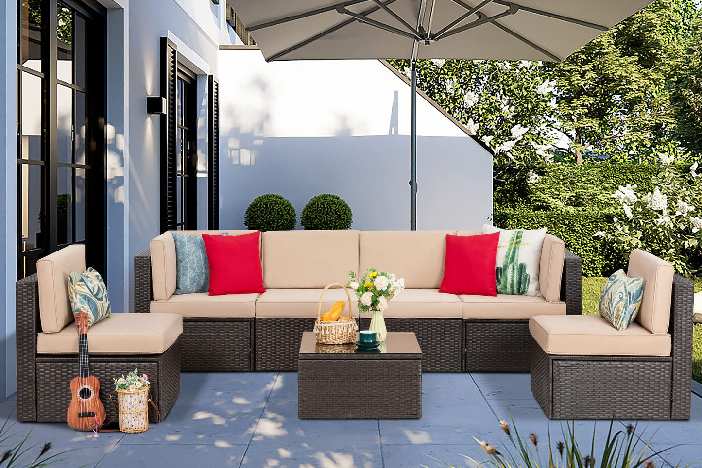 Vongrasig 5 Piece Patio Furniture Sets, Outdoor Patio Set Sectional Sofa, All-Weather PE Rattan Outdoor Couch with Ottoman, Glass Table for Garden, Backyard, Porch, Beige