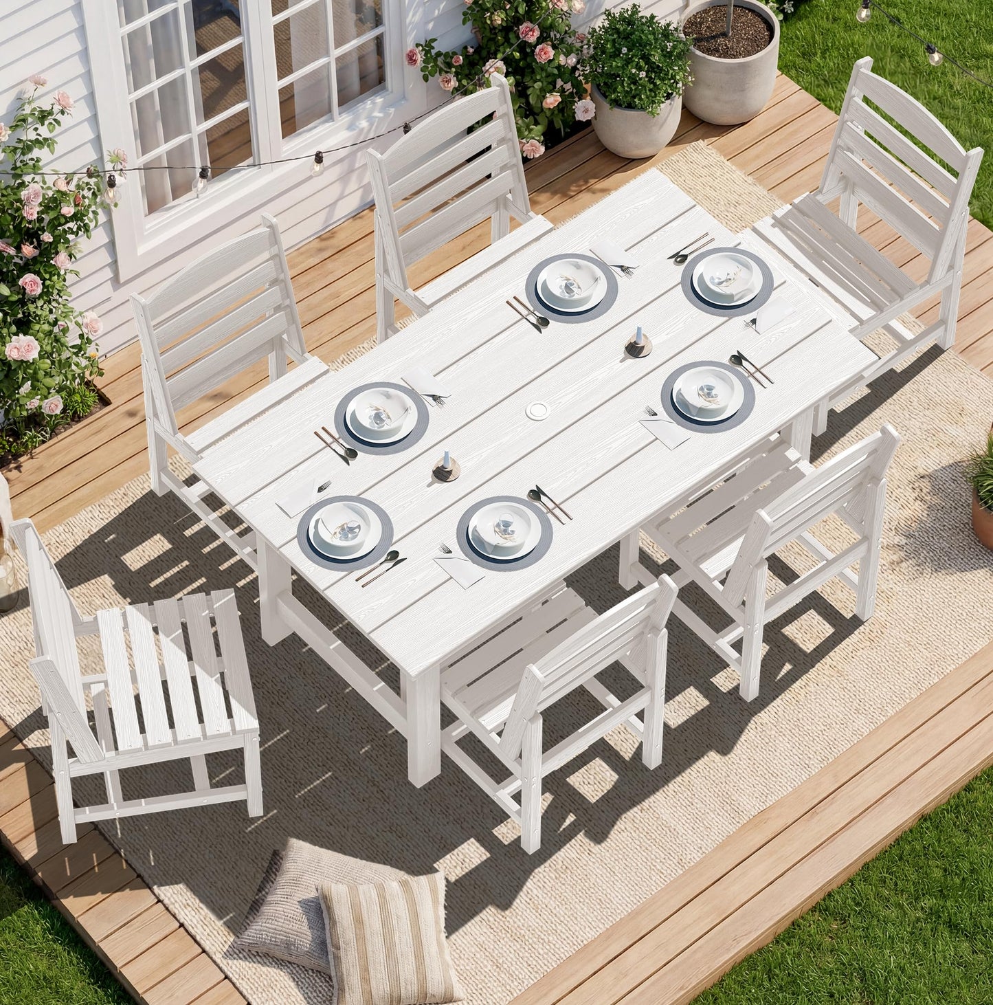 SERWALL Outdoor HDPE Dining Table Set, 7-Piece Outdoor Dining Table Sets with Umbrella Hole Cut-Out Table and 6 Chairs, Gray