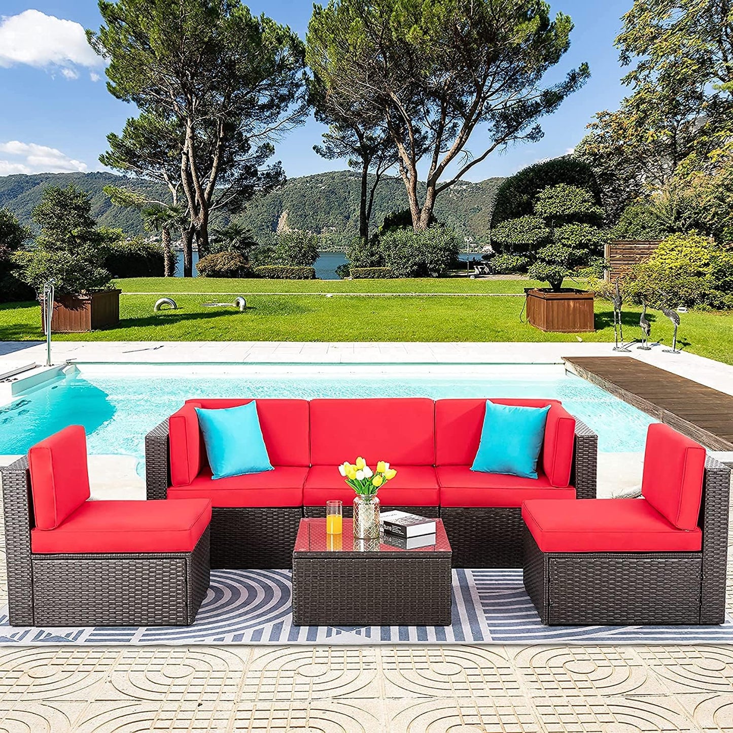 Vongrasig 5 Piece Patio Furniture Sets, Outdoor Patio Set Sectional Sofa, All-Weather PE Rattan Outdoor Couch with Ottoman, Glass Table for Garden, Backyard, Porch, Beige